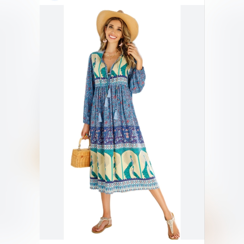 R.Vivimos Maxi Boho Peasant Dress Blue Floral Size Small 4/6 Tasseled Peacock